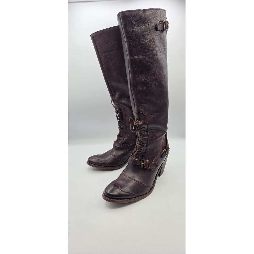 Frye F955 Women's Tall Riding Boots 8M Dark Brown Leather Lace Up Buckle